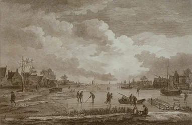 Inverno, Golf sul ghiaccio, incisione su rame di Van Drever, c.1753